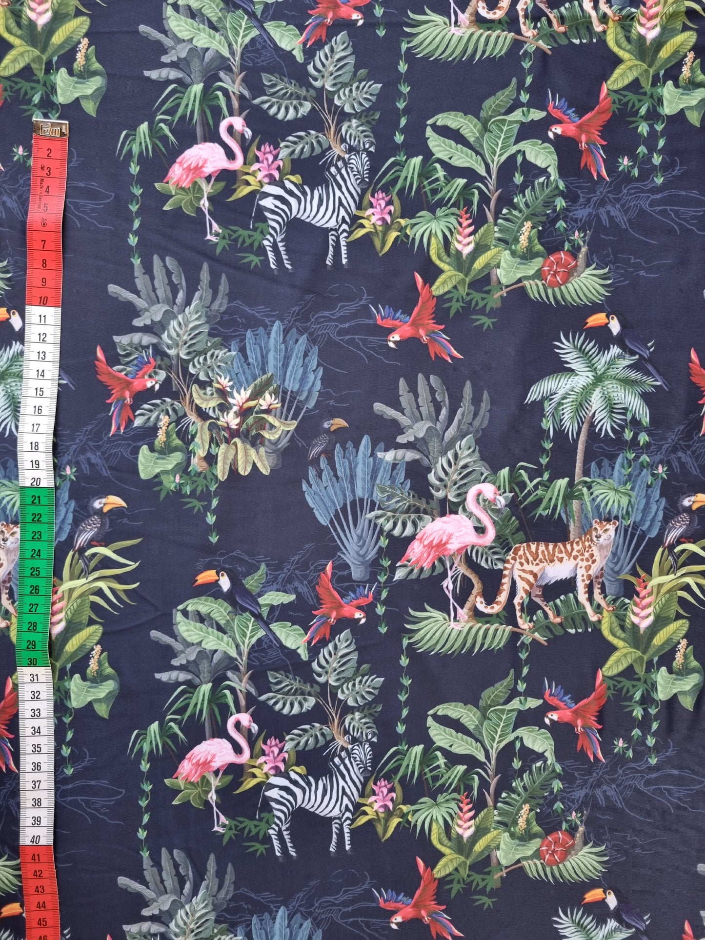 Zwem (en lingerie) lycra: Nachtblauw met tropische dieren en planten