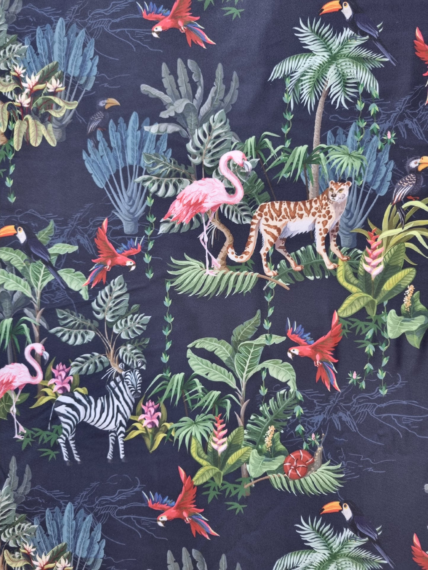 Zwem (en lingerie) lycra: Nachtblauw met tropische dieren en planten