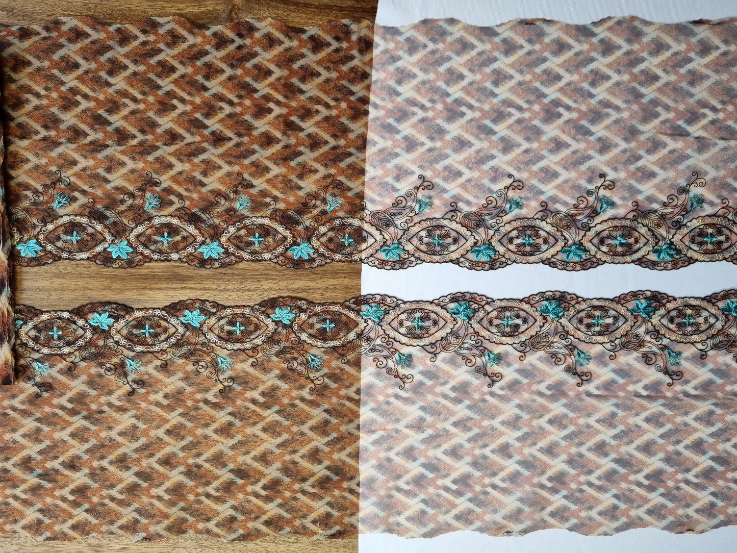 Bruin tule kant met retro print en borduursel in turquoise en bruin