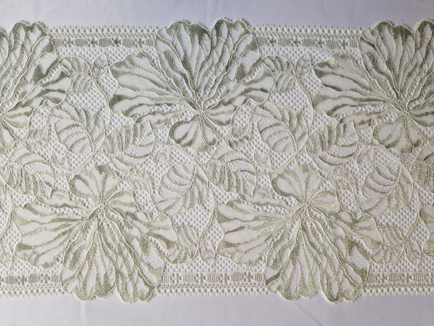 2024-68 crème wit met sage kleurig stretchkant.