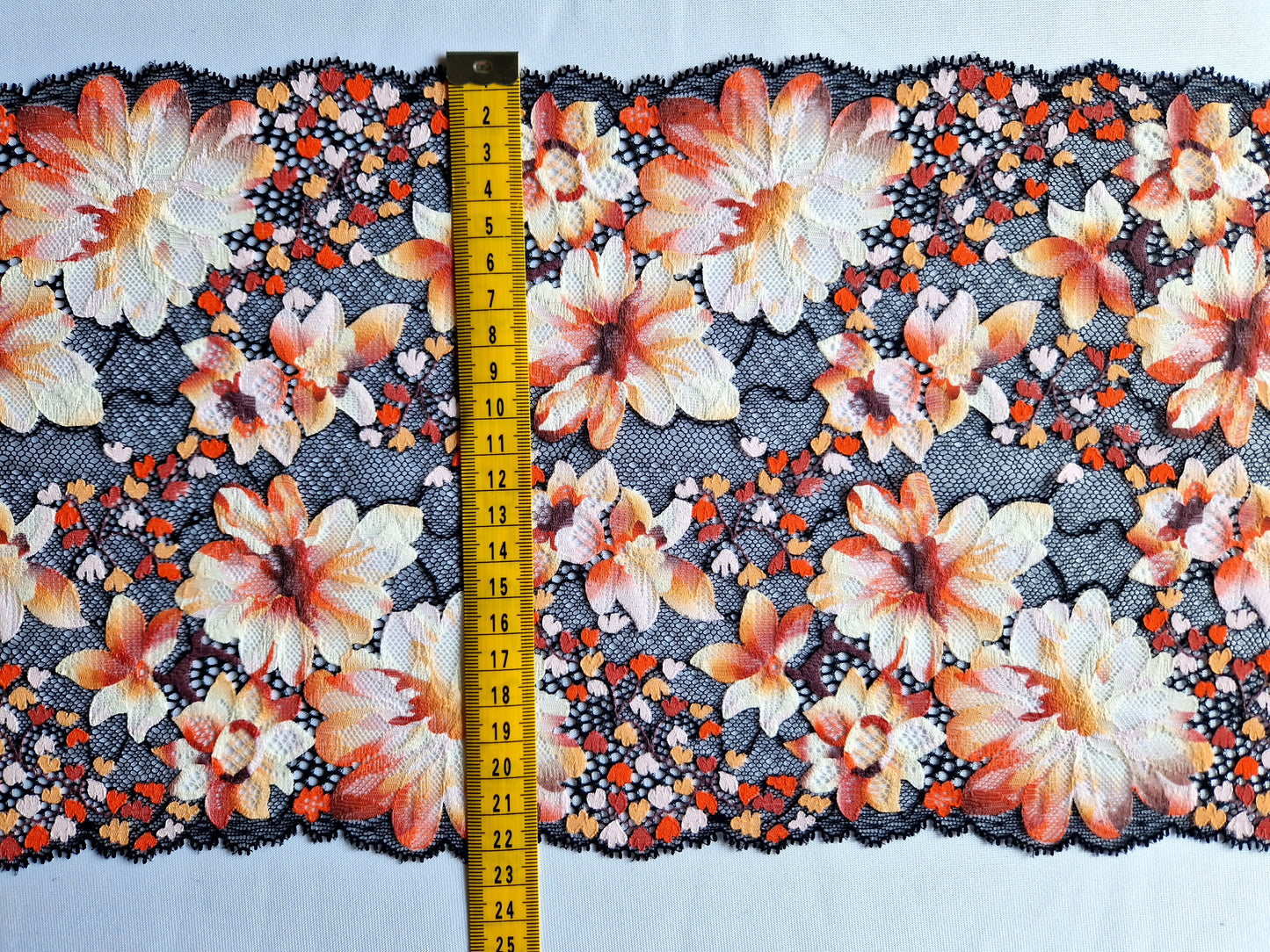2024-78 's zomers muli gekleurd stretchkant met bloemen in oranje tinten